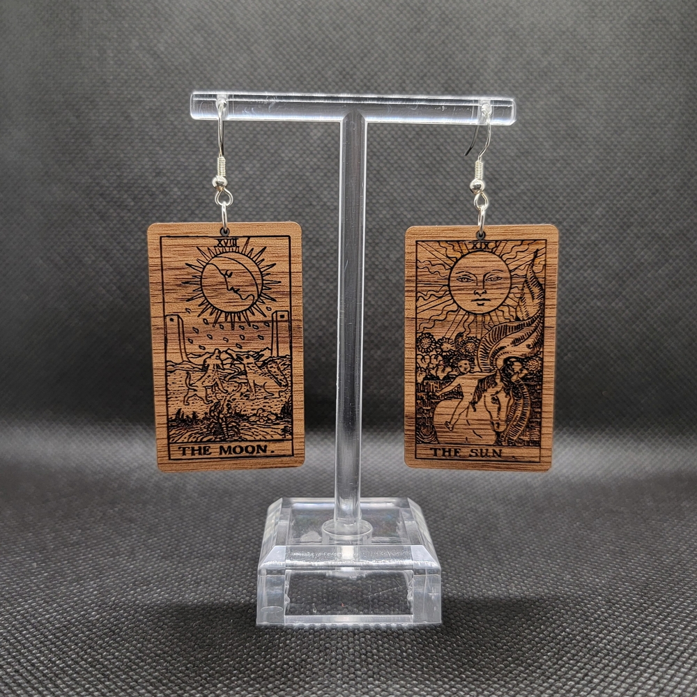 Wooden Tarot Card Earrings - The Moon and The Sun